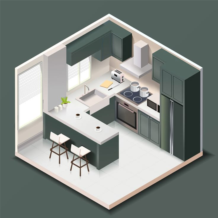 Modern black kitchen room interior with furniture and household appliances in isometric style